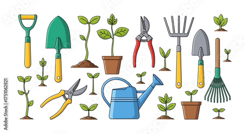A bright vector illustration of various gardening tools and young plants, white background