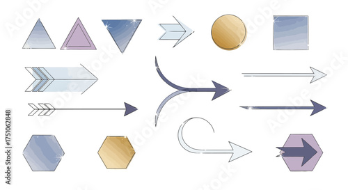 A vector illustration set of sparkling geometric shapes and arrows in minimalist style, white background