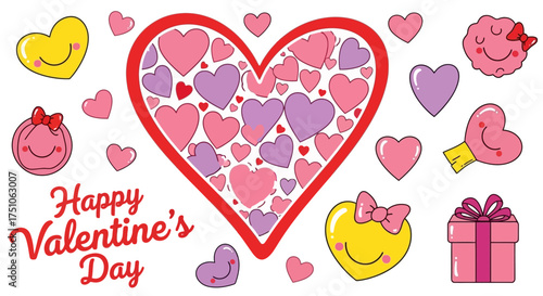A cheerful vector illustration showcasing various Valentine's Day themed elements in a playful style, white background