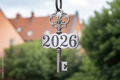 Wallpaper Mural A key engraved with 2026 hangs against a blurred house backdrop, ideal for real estate ads or financial planning. Torontodigital.ca
