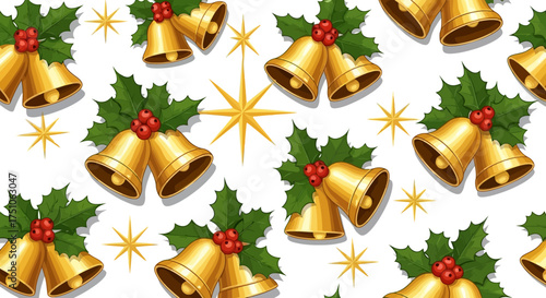 A seamless vector illustration pattern of golden Christmas bells with holly and sparkling stars, white background