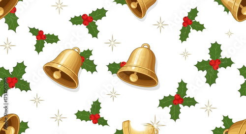 A seamless vector illustration pattern of golden Christmas bells with holly and sparkling stars, white background