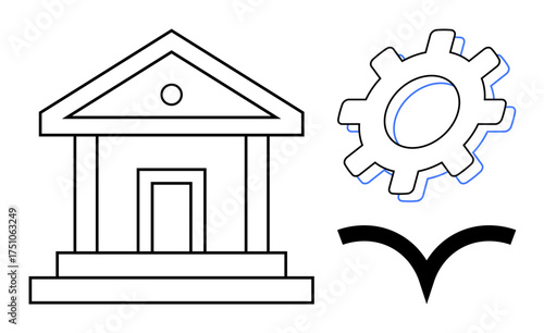 Building structure for governance, gear for system operation, curve for progress. Ideal for government, administration, innovation, processes, problem-solving development. Simple flat metaphor