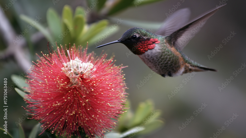 Fototapeta premium hummingbird. A hummingbird hovers near a red flower, its wings moving fast against a green background. wildlife magazines, conservation campaigns, designed for nature documentaries and education. 