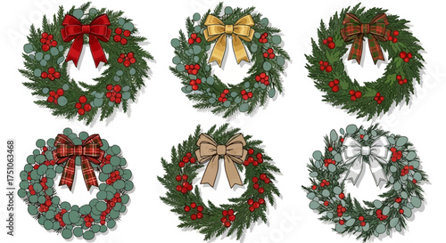 A collection of festive vector Christmas wreaths with foliage, berries, and bows, white background