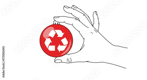 Vector illustration of a hand holding a Christmas ornament with a recycle symbol, white background