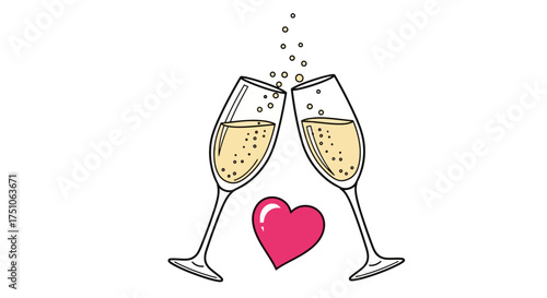 Hand-drawn illustration of two champagne flutes clinking together with sparkling bubbles and a pink heart below, symbolizing celebration and love.