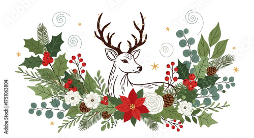 A festive vector illustration featuring Christmas foliage, flowers, and a deer, white background