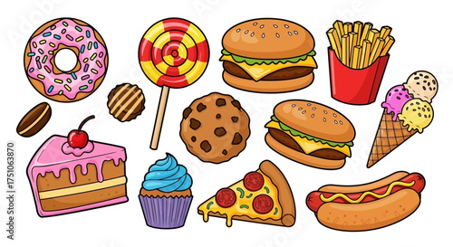 A colorful cartoon vector illustration featuring assorted sweets and food items, white background
