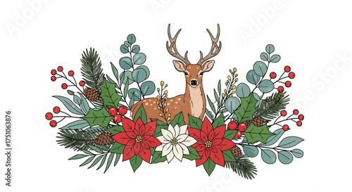 A festive vector illustration featuring Christmas foliage, flowers, and a deer, white background