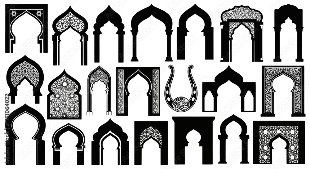 Obraz premium A diverse collection of black silhouettes showcasing various styles of Islamic, Arabic, and Moorish arches.