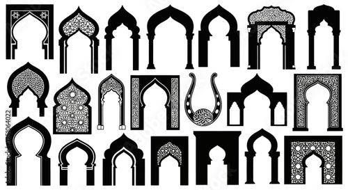 A diverse collection of black silhouettes showcasing various styles of Islamic, Arabic, and Moorish arches.