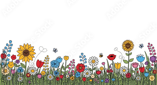 A cheerful vector illustration of a colorful flower meadow on a white background, white background