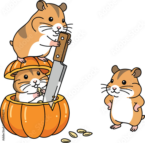 Cute orange cartoon cat playing with a mouse illustration
