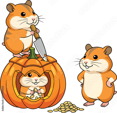 Cute orange cartoon cat playing with a mouse illustration