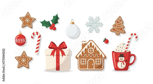 A charming vector illustration showcasing an assortment of festive Christmas decorations and treats, white background