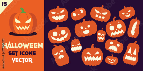 Spooky halloween jack-o'-lantern collection featuring various scary faces glowing orange lights perfect for holiday decorations and themed designs