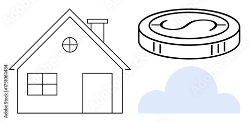 Line art of a house, a coin with currency marking, and a cloud suggesting savings, housing finances, property investment, cloud services, sustainability, and innovation. Simple flat metaphor