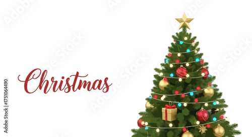 A vector illustration of a festive Christmas tree card with ornaments and lights, white background