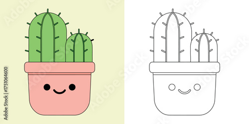 Cute Cactus Vector Illustration and Coloring Page for Kids | Kawaii Potted Plant Design