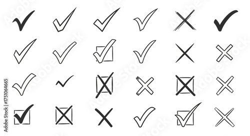 A vector illustration collection of hand-drawn check marks and cross symbols, white background