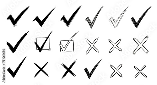 A vector illustration collection of hand-drawn check marks and cross symbols, white background