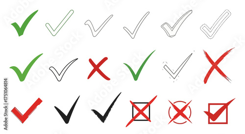 A vector illustration showing various check marks and cross marks in different styles, white background