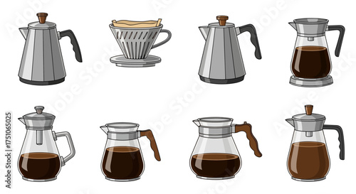 A vector illustration showcasing various coffee brewing methods and accessories in a doodle style, white background