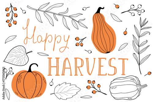 Hand-Drawn Happy Harvest Lettering with Leaves and Pumpkins. Vector illustration.