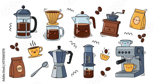 A vector illustration showcasing various coffee brewing methods and accessories in a doodle style, white background