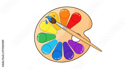 A clean vector illustration of a colorful artist's palette with a paintbrush, white background