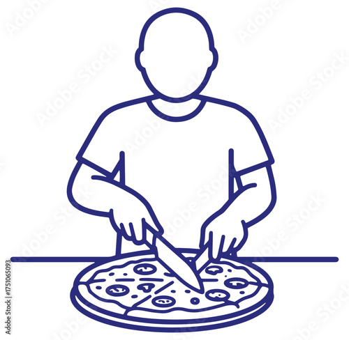 Simple illustration of a person cutting a freshly baked pizza into delicious slices