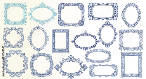 A vector illustration of hand-drawn style decorative frames in blue on a cream background, white background