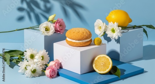 Traditional sweet lemony whoopie pie cake on a modern stage with fresh flowers and whole lemon. Food photography concept.