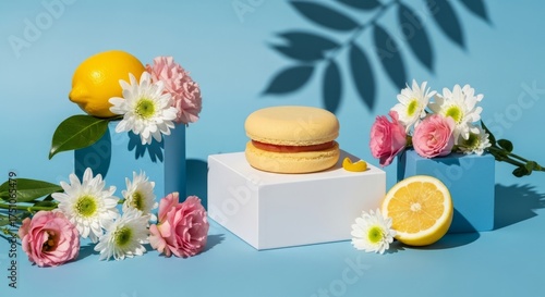 Yellow lemon macaron on podium with fruit and flower bouquet. Creative summer dessert composition for culinary blog.