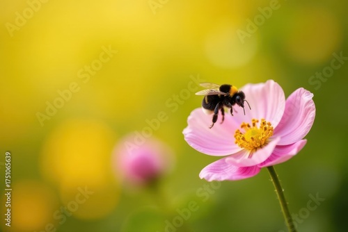 A fuzzy bumblebee gently lands on a delicate pink flower, its wings still slightly buzzing, in a sunlit garden scene with a blurred, bokeh background.