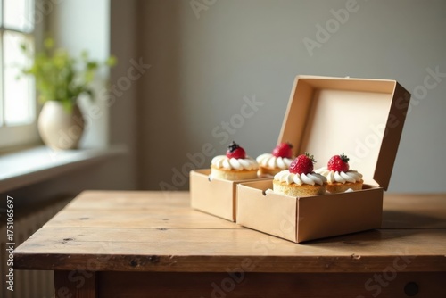 Delicious strawberry topped mini cakes in a simple cardboard box on a rustic wooden table