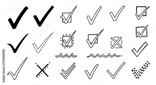 A vector illustration of hand-drawn check marks and crosses in various styles, white background