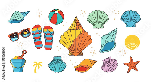 A colorful vector illustration showcasing summer beach vibes with seashells, white background