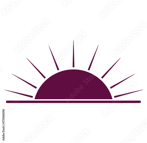 Simple purple sunset icon with rays rising above a flat horizon on white background