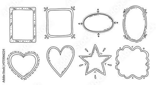 A vector illustration of a set of eight hand-drawn doodle style picture frames, white background