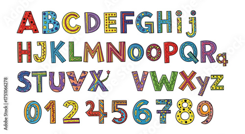 A vector illustration of a colorful alphabet and numbers in a playful, hand-drawn style, white background
