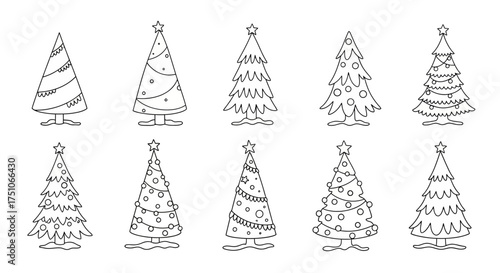 Various doodle style vector illustration of Christmas Trees, white background