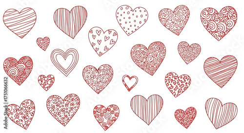 A vector illustration of assorted hand-drawn style hearts in various red line patterns, white background