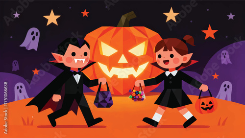 Illustration Of Cute Kids Wearing Vampire Costumes Trick Or Treating, Flat Vector, Halloween Night, Glowing Pumpkins Vector Design Template