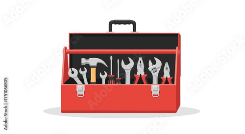 Organized red toolbox filled with an assortment of hand tools suitable for various repair and maintenance tasks at home or in the workplace