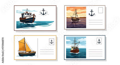 A set of four nautical-themed vector illustration postcards, white background