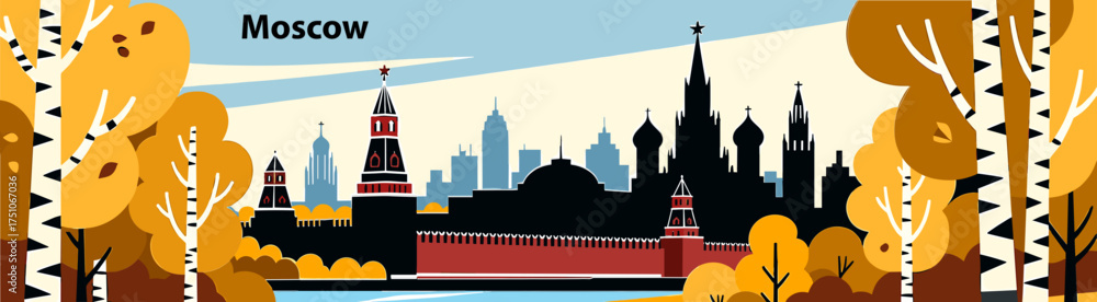 Fototapeta premium Kremlin silhouette illustration in flat style with autumn colors and trees