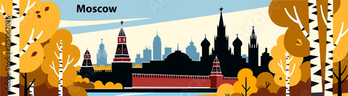 Kremlin silhouette illustration in flat style with autumn colors and trees