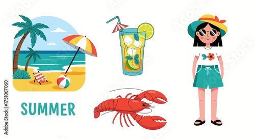 Collection of Summer Themed Vector Illustrations with beach, cocktail, lobster, and girl, white background